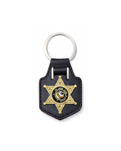 Leather keychain with metal badge, custom-made