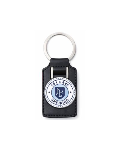Leather keychain with metal badge, custom-made