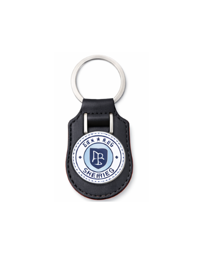 Leather keychain with metal badge, custom-made