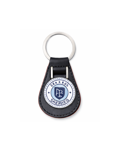 Leather keychain with metal badge, custom-made